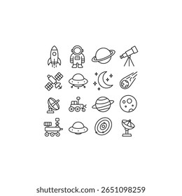 Uma coleção de ilustrações em preto e branco com objetos espaciais como planetas, foguetes, alienígenas, telescópios e muito mais. Design limpo e com o mínimo de temas espaciais.

