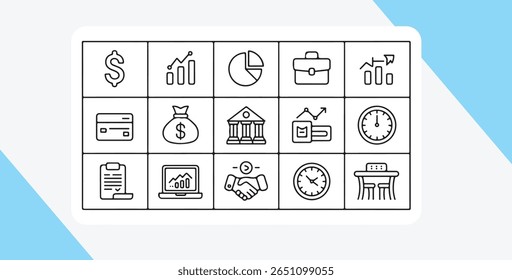 Uma coleção de ícones de arte em linha preto e branco incluindo um sinal de dólar, gráficos, uma pasta, um banco, um relógio, um cartão de crédito, uma bolsa de dinheiro, um aperto de mão, um laptop e uma mesa de reuniões com cadeiras.