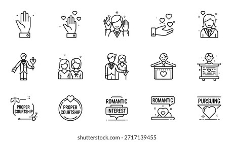 A collection of black and white line art icons depicting themes of love, romance, and courtship. The set includes symbols of couples, hearts, relationships, and romantic gestures.