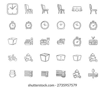 A collection of black and white line art icons depicting various household items, food, and delivery services, including clocks, chairs, tables, food containers, cutlery, and delivery scooters.