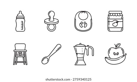 Collection of black and white line art icons representing baby feeding essentials and accessories for mealtime and infant care