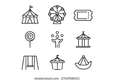 A collection of black and white line art icons representing a festive carnival or amusement park.