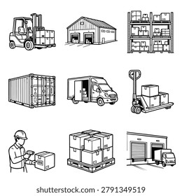 Collection of black and white line art icons representing warehouse operations, delivery trucks, forklifts, and shipping containers.