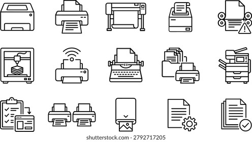 A collection of black and white line art icons depicting various printing and scanning devices for commercial use.