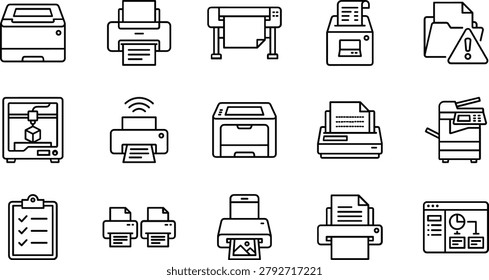 A collection of black and white line art icons depicting various office and printing devices, suitable for commercial use.