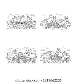 Collection of black and white line art scenes depicting various livestock species together including harvest vegetable baskets, friendly farm animals standing in countryside pasture field.