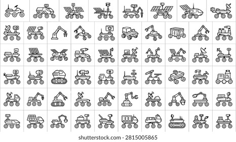 A collection of black and white line art icons featuring various space rovers, planetary exploration vehicles, and robotic equipment.