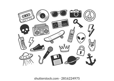 Collection of black and white line art icons representing 80s and 90s nostalgia, featuring a cassette tape, vinyl record, boombox, and alien head