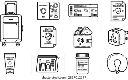 A collection of black and white line art icons representing essential travel items including luggage passport insurance boarding pass currency and accessories