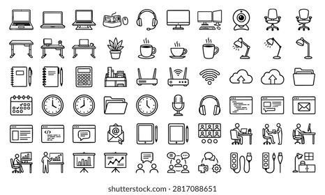 A collection of black and white line art icons depicting various office and technology-related items, including computers, desks, office supplies, and communication tools.