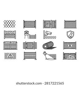 A collection of black and white line art icons depicting various types of fences, security barriers, gates, and surveillance equipment.