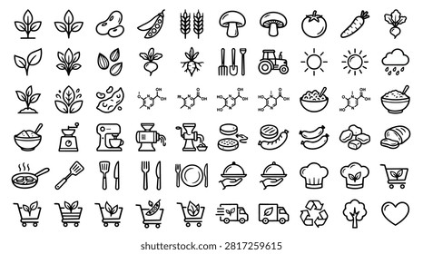 A collection of black and white line art icons representing various food items, cooking equipment, and agricultural elements, including vegetables, fruits, grains, and farming tools.