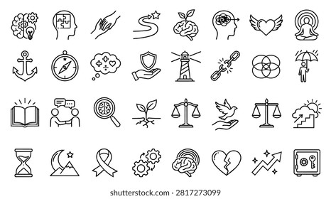 A collection of black and white line art icons representing abstract concepts like growth, success, and well-being. Includes symbols for brain, heart, scales of justice, and human figures.