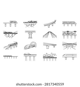 A collection of black and white line art icons depicting high-speed trains traveling across various bridge structures and viaducts.