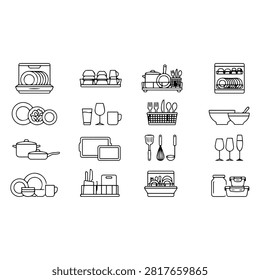 A collection of black and white line art icons representing various kitchenware, dishwashing appliances, and dining utensils.