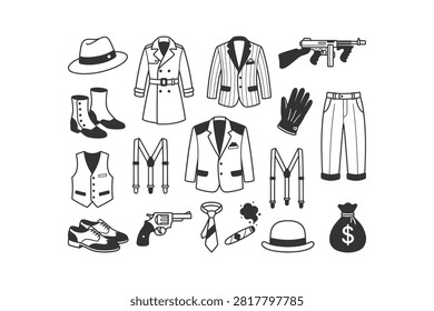 A collection of black and white line art icons representing classic gangster and prohibition era fashion, weapons, and accessories like fedoras, suits, guns, and money bags