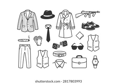 A collection of black and white line art icons depicting classic 1920s-1930s gangster and detective attire and accessories, including a suit, fedora, trench coat, tommy gun, shoes, cigar, and more