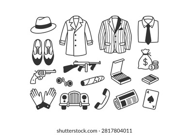 A collection of black and white line art icons representing the gangster and mafia lifestyle from the prohibition era, including clothing, weapons, and money