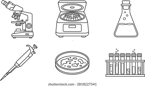 A collection of black and white line art icons representing essential laboratory equipment including a microscope, centrifuge, flask, pipette, petri dish, and test tubes.
