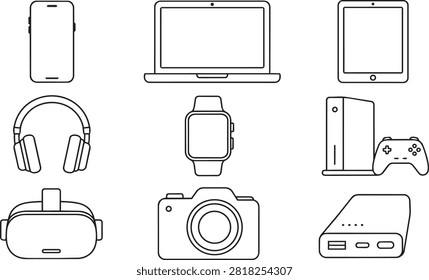 A collection of black and white line art icons depicting various modern electronic devices, perfect for web design, app interface, and technical illustration projects.