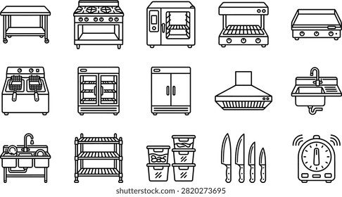 A collection of black and white line art icons depicting various professional commercial kitchen appliances and culinary tools.