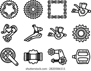 Collection of black and white line art icons representing various bicycle mechanical parts and maintenance components.