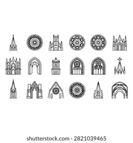 A collection of black and white line art icons depicting various gothic architectural elements including cathedrals, arches, and rose windows.