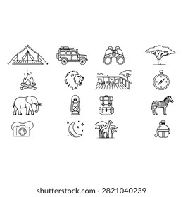 A collection of black and white line art icons representing a safari adventure, including wildlife, camping equipment, and travel gear.