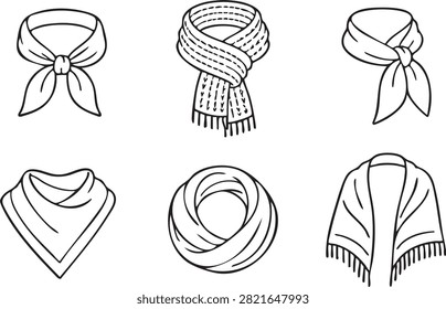 Collection of black and white line art vector icons representing various styles of women scarves and neckwear.