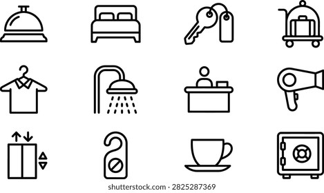 A collection of black and white line art icons representing hotel amenities and hospitality services including room service bell bed key luggage shower reception hair dryer elevator do not disturb si.