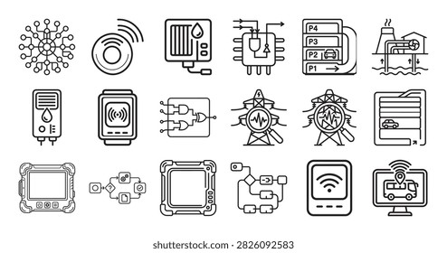 collection of black and white line art icons depicting technology elements and network devices in a modern digital design style