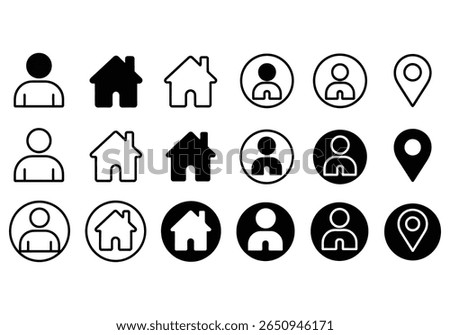 Collection of black and white line art symbols featuring a user, house, and map icons on white backdrop. Simple clean vector set.