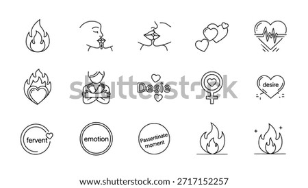 A collection of black and white line art icons representing love, passion, and desire. The set includes symbols like flames, kissing lips, hearts, and a heartbeat monitor.