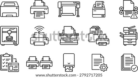 A collection of black and white line art icons depicting various printing and scanning devices for commercial use.