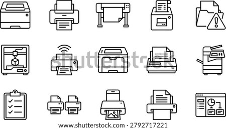 A collection of black and white line art icons depicting various office and printing devices, suitable for commercial use.