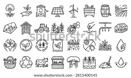 A collection of black and white line art icons representing sustainable farming, organic agriculture, environmental conservation, and eco-friendly gardening practices.