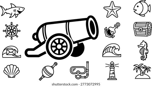 A collection of black and white line depicting nautical and marine themes, including a cannon, shark, starfish, fish, treasure chest, seahorse, lighthouse, palm trees, waves, anchor, ship wheel,...