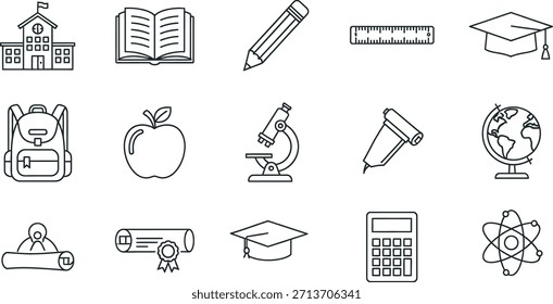 Uma coleção de ícones de desenho em linha preta e branca relacionados à educação, aprendizagem e acadêmicos