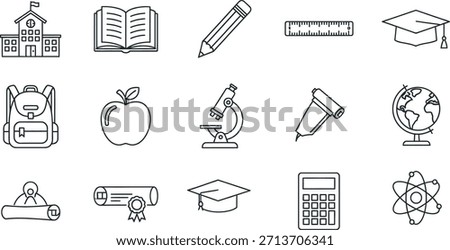 A collection of black and white line drawing icons related to education, learning, and academics