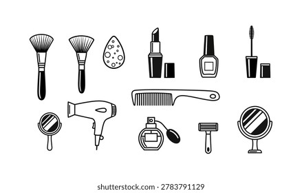 A collection of black and white line drawings of various beauty and grooming products and tools, including makeup brushes, nail polish, hair dryer, and shaving kit.