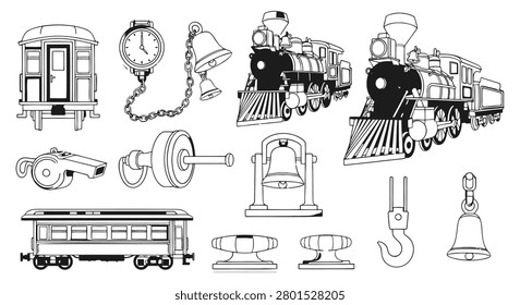 A collection of black and white line drawings of train related items and industrial objects