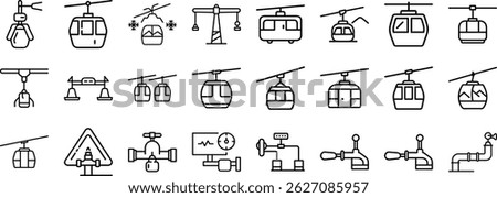 Collection of black and white line editable icons depicting ski lifts and utility elements