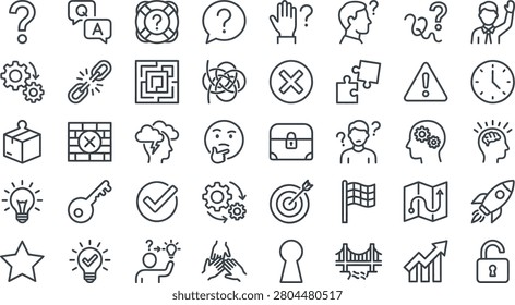 A collection of black and white line icons representing business and education concepts, including symbols for questions, answers, solutions, problems, success, goals, and more.
