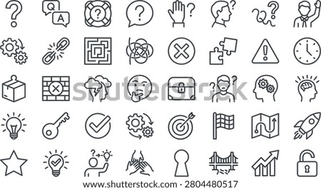 A collection of black and white line icons representing business and education concepts, including symbols for questions, answers, solutions, problems, success, goals, and more.