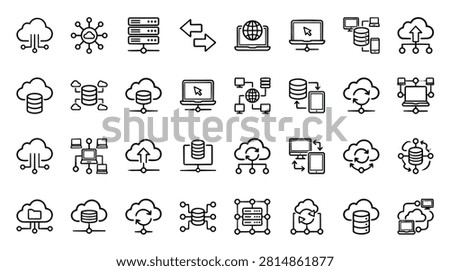 A collection of black and white line icons representing cloud computing, data storage, networking, and server infrastructure. Icons depict clouds connected to devices, databases, and network diagrams.