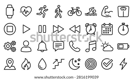 A collection of black and white line icons representing various activities and functions, including fitness, health, communication, and time management. Icons depict a smartwatch, heart rate, running, walking, cycling, swimming, muscle, scale, stop, play, pause, fast forward, rewind, alarm, calendar, stopwatch, gears, user, bell, chat, phone, music note, weather, battery, location, fire, water drop, stairs, moon, target, checkmark, and lightning.