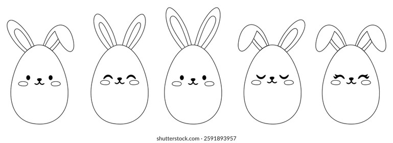 Collection of black and white line illustrations of Easter eggs with bunny ears and cute faces