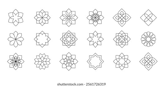 Collection of black and white linear Arabic oriental floral vector design elements. Traditional arabesque icons, ornaments and patterns. Abstract flower symbols and logos in ornamental Islamic style.