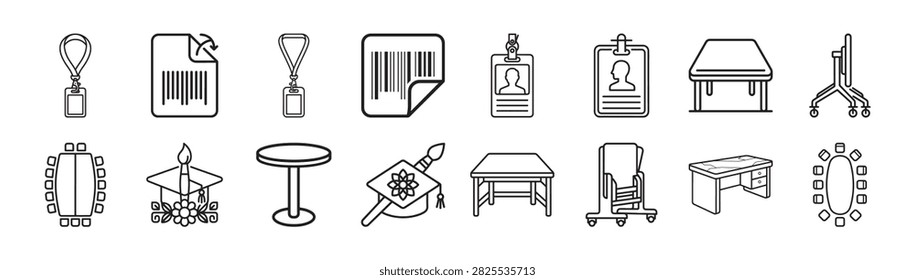collection of black and white linear office icons showing chairs desks tables meeting rooms and computer workstations in minimalist style