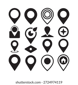 Colección de iconos de marcadores de ubicación en blanco y negro en varios diseños